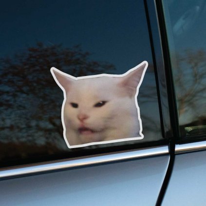 Tlačená nálepka s populárnou meme mačkou s pohŕdavým výrazom, humorný dizajn pre fanúšikov internetovej kultúry.