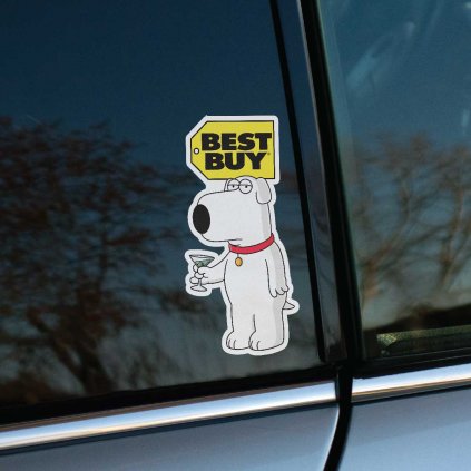 Tlačená nálepka na auto s Brianom Griffinom z Family Guy a logom Best Buy, humorné spojenie postavy a značky.