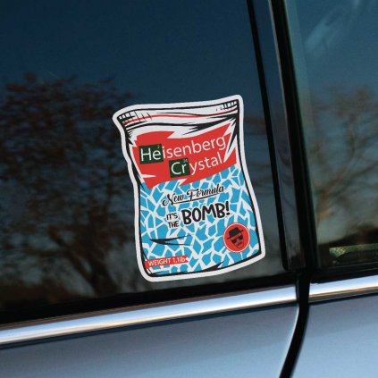 Tlačená nálepka na auto v dizajne balíčka „Heisenberg Crystal“, pop-art štýl inšpirovaný Breaking Bad a chemickými prvkami.
