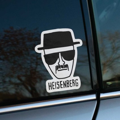Tlačená nálepka na auto s ikonickou siluetou Heisenberga zo seriálu Breaking Bad, minimalistický kontrastný dizajn.