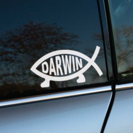 Plotrovaná nálepka na auto v tvare ryby s nápisom „Darwin“ a nohami, satirický motív evolúcie a vedy.