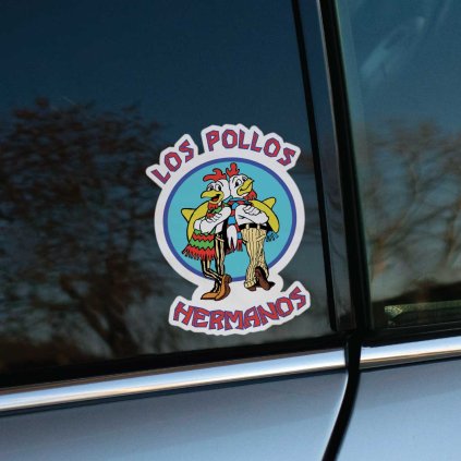Tlačená nálepka s logom Los Pollos Hermanos, dvaja kreslení kohúti v oblekoch z kultového seriálu Breaking Bad.