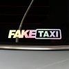 Plotrovaná nálepka s dúhovým holografickým odleskom, ktorú tvorí text v obdĺžnikovom ráme v znení nápisu FAKE TAXI.