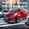 Kreslená scéna ženy so slnečnými okuliarmi šoférujúcej červené auto medzi premávkou s textom „…a to si ma ešte nevidel parkovať“.