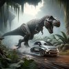 Fantasy scéna s malým autom Fiat 500, ktoré uniká obrovskému T-Rexovi v hustej džungli. Na dverách Fiatu je vtipná nálepka "Powered by Recycled Dinosaurs," čo pridáva humorný nádych k dramatickému úniku pred dinosaurom. Atmosféra obrázku je plná napätia a dobrodružstva, pričom kontrast medzi maličkým autom a gigantickým predátorom zaručene upúta pozornosť. Ideálny motív pre nálepku na auto pre fanúšikov dinosaurov a jedinečných dekorácií.