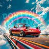 Kreslený červený roadster Mazda MX-5 NA s vytuneným podvozkom na dúhovej ceste v oblakoch, v pozadí text Don't Fall In Love.