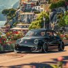 Štýlové čierne retro auto, podobné modelu Fiat 500, parkuje v malebnej pobrežnej dedinke obklopenej farebnými kvetmi a tradičnými talianskymi domami na kopci. Toto vozidlo, s výrazným športovým dizajnom a vylepšenými diskami, dokonale zapadá do prostredia stredomorského pobrežia. Kvetinová výzdoba a skalnaté prostredie umocňujú atmosféru slnečného letného dňa. Ideálna scéna pre milovníkov talianskeho štýlu, áut a dizajnových nálepiek na autá, ktoré zvýrazňujú osobnosť majiteľa.