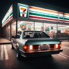 Klasické kupé BMW pred obchodom 7-Eleven počas noci, výrazné osvetlenie prevádzky kontrastuje s tmavým okolím.