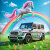 Na tejto surrealistickej scéne vidíme luxusné auto Mercedes-Benz G triedy, zaparkované v magickej krajine plnej farebných želé medvedíkov, zatiaľ čo nad ním sa týči dúha a nad autom skáče majestátny ružový jednorožec. Na bočnej strane auta je nalepená provokatívna nálepka s nápisom „SMALL DICK. BIG DREAMS“, ktorá dodáva celej scéne zábavný a sebaironický nádych. Kombinácia robustného terénneho vozidla s fantazijnými prvkami, ako sú jednorožec a medvedíky, vytvára hravý a bizarný výjav, plný kontrastov a fantázie.