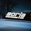 Plotrovaná nálepka na auto s logom Borla, šikmý technický font s hrubým spodným pásom a vertikálnym prvkom v písmene „l“.
