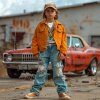 Chlapec v štýlovom oblečení vrátane oranžovej bundy a roztrhaných džínsov stojí pred retro autom na opustenom mieste.