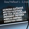 Označenie „Size/Veľkosť L – 2,5 cm“ nad zoznamom mien na zadnom okne auta, polep s kvapkovými ikonami.