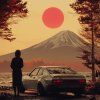 Na fotografii je scéna, ktorá kombinuje prírodu a automobilovú kultúru. V popredí vidíme elegantné klasické auto zaparkované pri brehu jazera, vedľa ktorého stojí silueta postavy hľadiacej na úchvatnú krajinu. V diaľke sa týči majestátna hora, pravdepodobne ikonická sopka Fudži, nad ktorou visí veľké červené slnko, evokujúce tradičnú japonskú estetiku.  Teplé odtiene oranžovej a červenej vytvárajú pocit pokoja a meditácie, pričom auto pridáva prvok dobrodružstva a slobody. Tento obrázok je ideálny na propagáciu nálepiek na autá pre milovníkov prírody, cestovania a japonskej kultúry. Vyjadruje spojenie medzi krásou prírody a vášňou pre cestovanie autom.