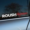 Plotrovaná nálepka „ROUSH Performance“ s dvojfarebným textom, kombinujúca tučné a elegantné písmo, ideálna pre fanúšikov úprav Roush.