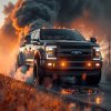 Mocné čierne terénne auto značky Ford, obklopené hustým dymom a žiarou svetiel, pôsobivo driftuje po mokrej ceste. Na ceste je viditeľná farebná nálepka, ktorá dodáva scéne dynamiku a živý kontrast. V pozadí sú viditeľné stromy a horiaca obloha, čo umocňuje dramatický a dobrodružný nádych fotografie. Tento obrázok je ideálny pre tých, ktorí hľadajú inšpiráciu pre dizajn nálepiek na auto s motívom akcie, adrenalínu a terénnych vozidiel.