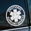 Plotrovaná nálepka „Emotional Support Vehicle“ s ikonou kačičky v kruhu. Vtipný doplnok na auto pre odľahčenie atmosféry.