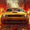 Mohutné žlté športové auto Dodge Challenger sa rúti mestom, zatiaľ čo v pozadí vybuchujú plamene a stúpa hustý dym. Na prednej maske auta je pripevnená tabuľka s nápisom "HELL ADMIT ONE 666". Tento dramatický a energický obraz je perfektný pre nálepky na auto, ktoré chcú vyjadriť silu, rýchlosť a adrenalín. Je ideálny pre nadšencov rýchlej jazdy a tých, ktorí chcú, aby ich vozidlo vynikalo výrazným a nezabudnuteľným dizajnom. Nálepka môže slúžiť ako symbol odvahy a nekompromisnosti, prilákajúc pozornosť na každej ceste.