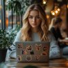 Mladá žena sústredene pracuje na svojom Apple notebooku, ktorý má ozdobený výraznými farebnými nálepkami so zvieracími motívmi. Na povrchu sú nalepené rôzne ilustrácie – od líšky, medveďa, veveričky, až po jeleňa, vlka a sovu. Tieto nálepky dodávajú notebooku originálny vzhľad a podčiarkujú jej lásku k prírode. Ideálne riešenie pre tých, ktorí chcú svojim zariadeniam dodať štýl a osobitý dotyk s motívmi divočiny.