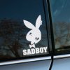 Plotrovaná nálepka „SADBOY“ s upraveným zajačím logom, smutným výrazom a slzou v tvare zlomeného srdca. Štýlový urban dizajn.