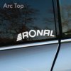 Plotrovaná nálepka RONAL s oblúkovým nápisom smerom nahor a dynamickým logom, štýlová nálepka na auto pre fanúšikov diskov Ronal.