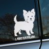 Plotrovaná nálepka na auto s detailnou siluetou jorkšírskeho teriéra a nápisom „Labky na palube“, ideálna pre mestských psíčkarov.
