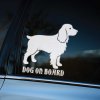 Plotrovaná nálepka na auto s elegantným obrysom kokršpaniela a anglickým textom „Dog on Board“.