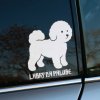 Plotrovaná nálepka na auto s obrysom bichona a slovenským nápisom „Labky na palube“, vhodná pre milovníkov malých plemien.