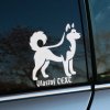 Plotrovaná nálepka na auto s motívom huskyho a priestorom pre vlastný text, napríklad meno psa alebo humorný slogan.