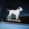 Plotrovaná nálepka na auto s mohutnou siluetou anglického mastifa a nápisom „Labky na palube“ v gotickom písme.