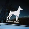Plotrovaná nálepka na auto s elegantnou siluetou dobermana a nápisom „Labky na palube“, ideálna pre vozidlá so strážnym psom.