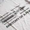 Potlač na tričku s čiernym nákresom náboja a textom „Anatomy of a Pew“ s vtipnými popismi častí. Biele tričko s potlačou.