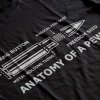 Potlač na tričku s vtipným nákresom náboja a textom „Anatomy of a Pew“ s popismi ako „Bang Button“ či „Freedom Seed“. Čierne tričko s potlačou.