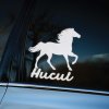 Plotrovaná nálepka huculského koňa v kroku s nápisom „Hucul“, dynamický dizajn s vetrom pohnutou hrivou a chvostom.