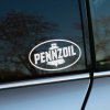 Plotrovaná nálepka s logom Pennzoil, oválny dizajn s výrazným nápisom a ikonickým symbolom zvona nad textom.