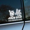 Plotrovaná nálepka brata v šiltovke so psíkom a sestry s mašľou a macíkom, nápis v presnom znení Súrodenci v aute.