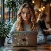 Mladá žena s dlhými blond vlasmi sedí v kaviarni za MacBookom so samolepkami Simpsonovcov, obklopená zeleňou.