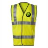 Potlač na reflexnej veste s logom BMW vpredu vľavo, kruhové logo s modro-bielymi výsekmi a bielym nápisom.