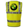 Potlač na reflexnej veste na chrbte s logom BMW, kruhový znak s modro-bielym stredom a čiernym okrajom.