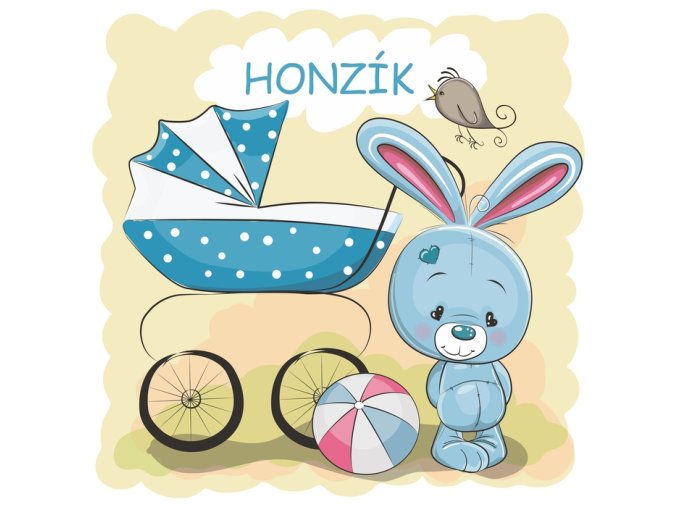 Jmenovka zajíček s kočárkem - modrý