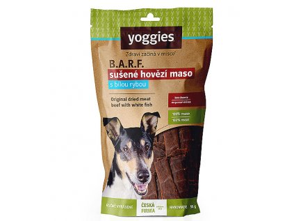 Yoggies B.A.R.F. Susene maso prouzky pamlsky Hovezi maso s rybou 50g