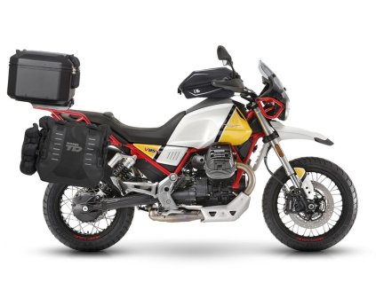 Kompletná sada sedlových brašní SHAD TERRA TR40 adventure a hliníkového vrchného kufra SHAD TERRA BLACK 48L vrátane montážnej sady SHAD MOTO GUZZI V 85 TT