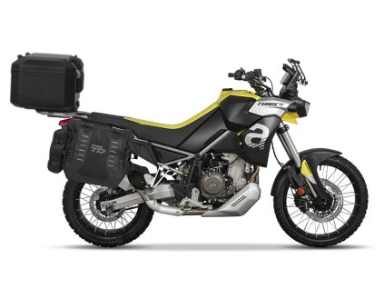Kompletná sada sedlových brašní SHAD TERRA TR40 adventure a hliníkového kufra SHAD TERRA BLACK 55L, vrátane montážnej sady SHAD Aprilia Tuareg 660