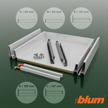 BLUM ANTARO - Komplet zásuvka biele drevené dno do korpusu 500 mm / (Variant Dľžka výsuv 550 mm, VARIANT VÝŠKA výška B / 134 MM)