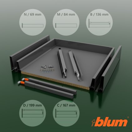 BLUM ANTARO - Komplet zásuvka sivé drevené dno do korpusu 750 mm / (Variant Dľžka výsuv 400 mm, VARIANT VÝŠKA výška N / 69 MM)