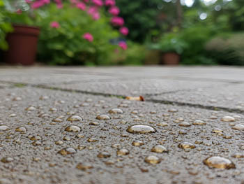 impregnovaná betonová dlažba zůstává suchá - voda tvoří kuličky na povrchu