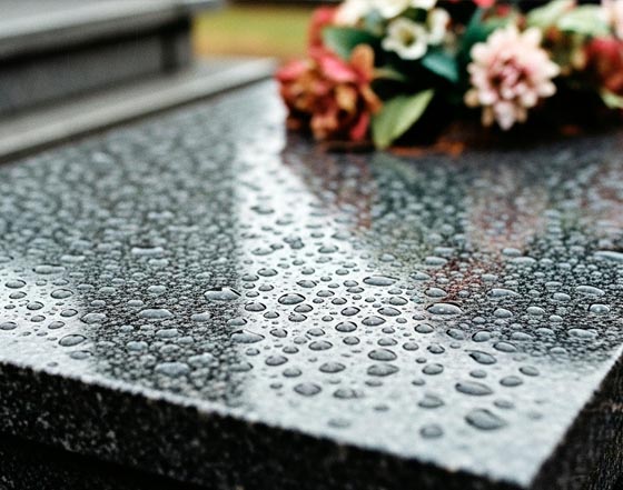 porovnanie impregnovaného a neimpregnovaného náhrobného kameňa - voda tvorí guličky na naimpregnovanom povrchu