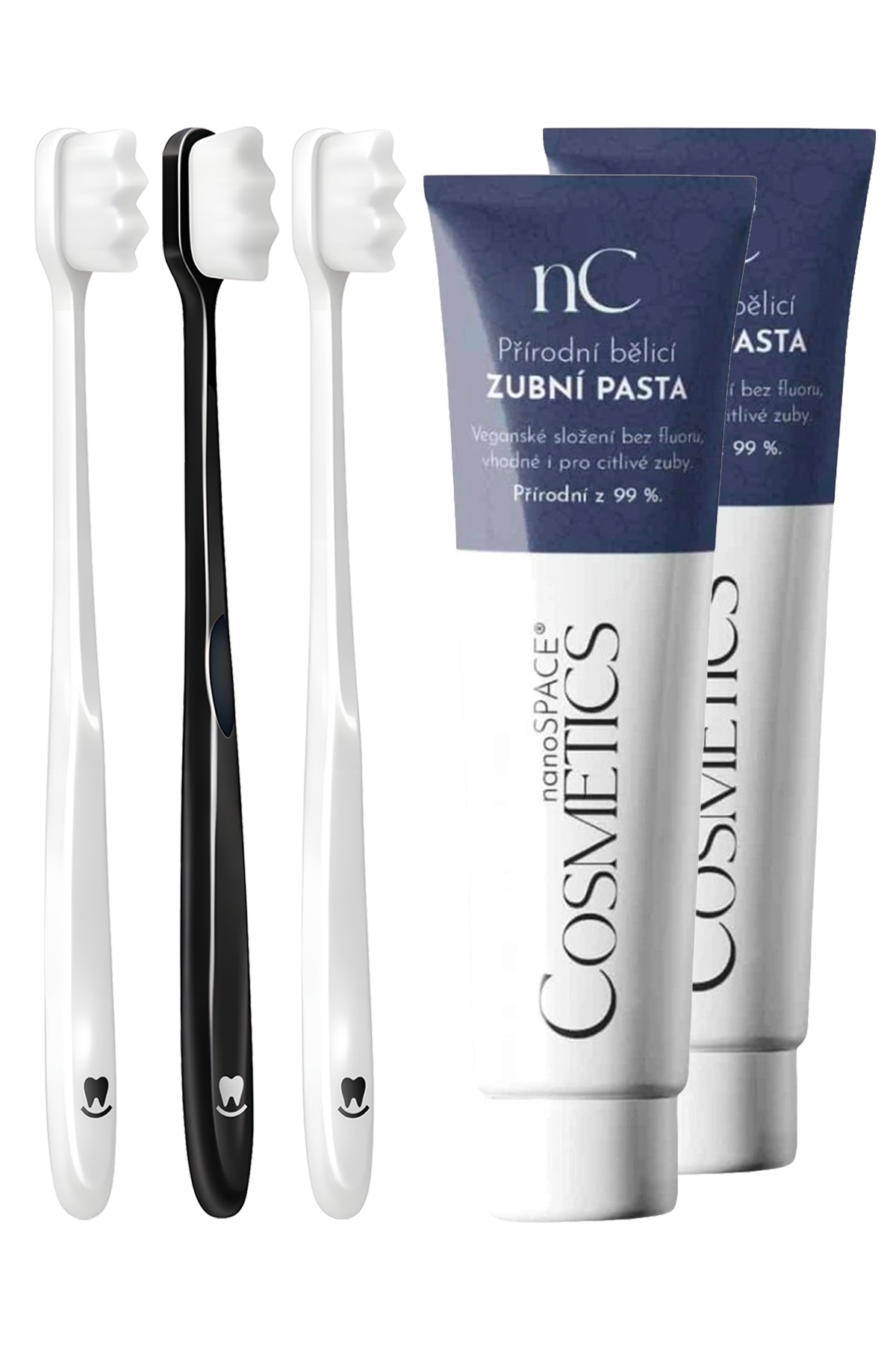Trio ultrajemný zubní kartáček Nanosmile & Duo Pack Přírodní bělicí zubní pasta Nanospace