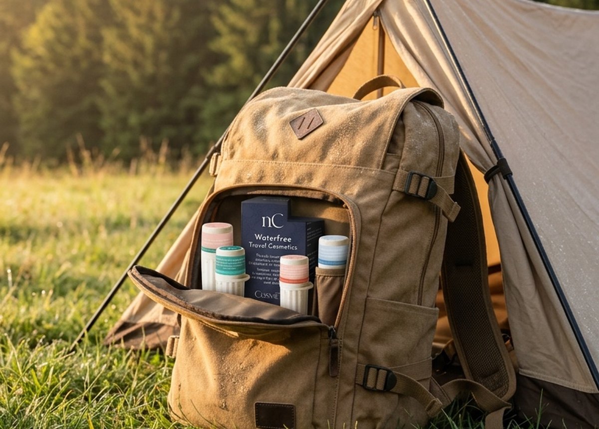 Cestovní sada bezvodé kosmetiky nanoSPACE Cosmetics v batohu u stanu – Waterfree Travel Cosmetics