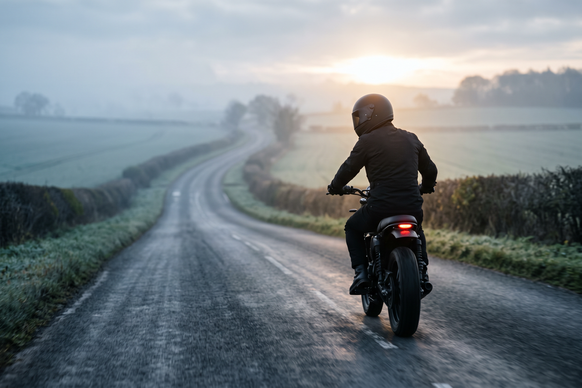 Motorkár na rannej ceste v chladnom vzduchu