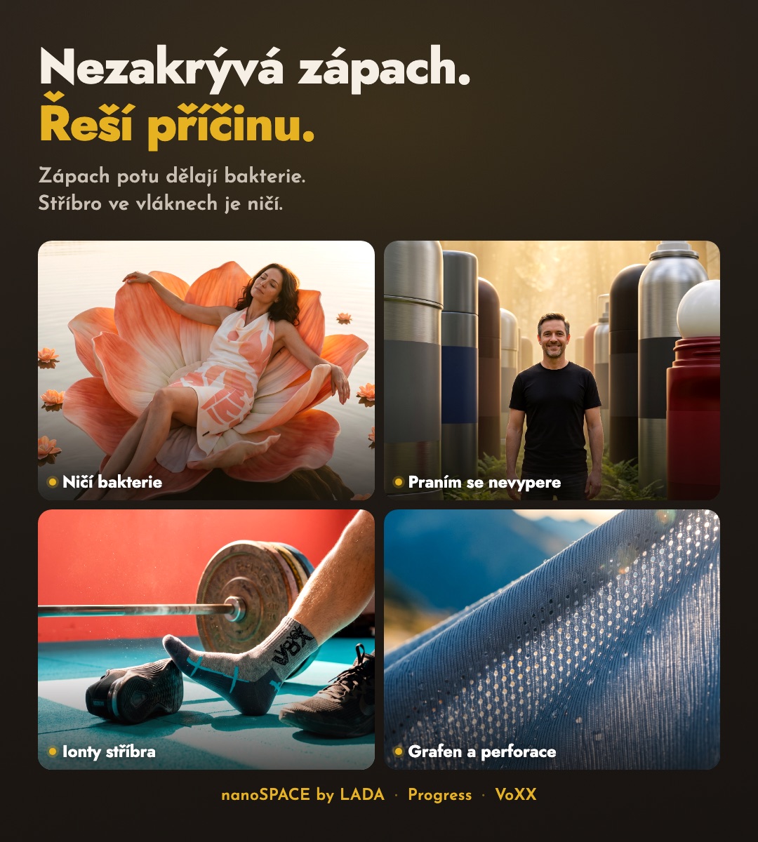 Koláž kolekcí nanoSPACE by LADA, Progress a VoXX — oblečení proti zápachu potu